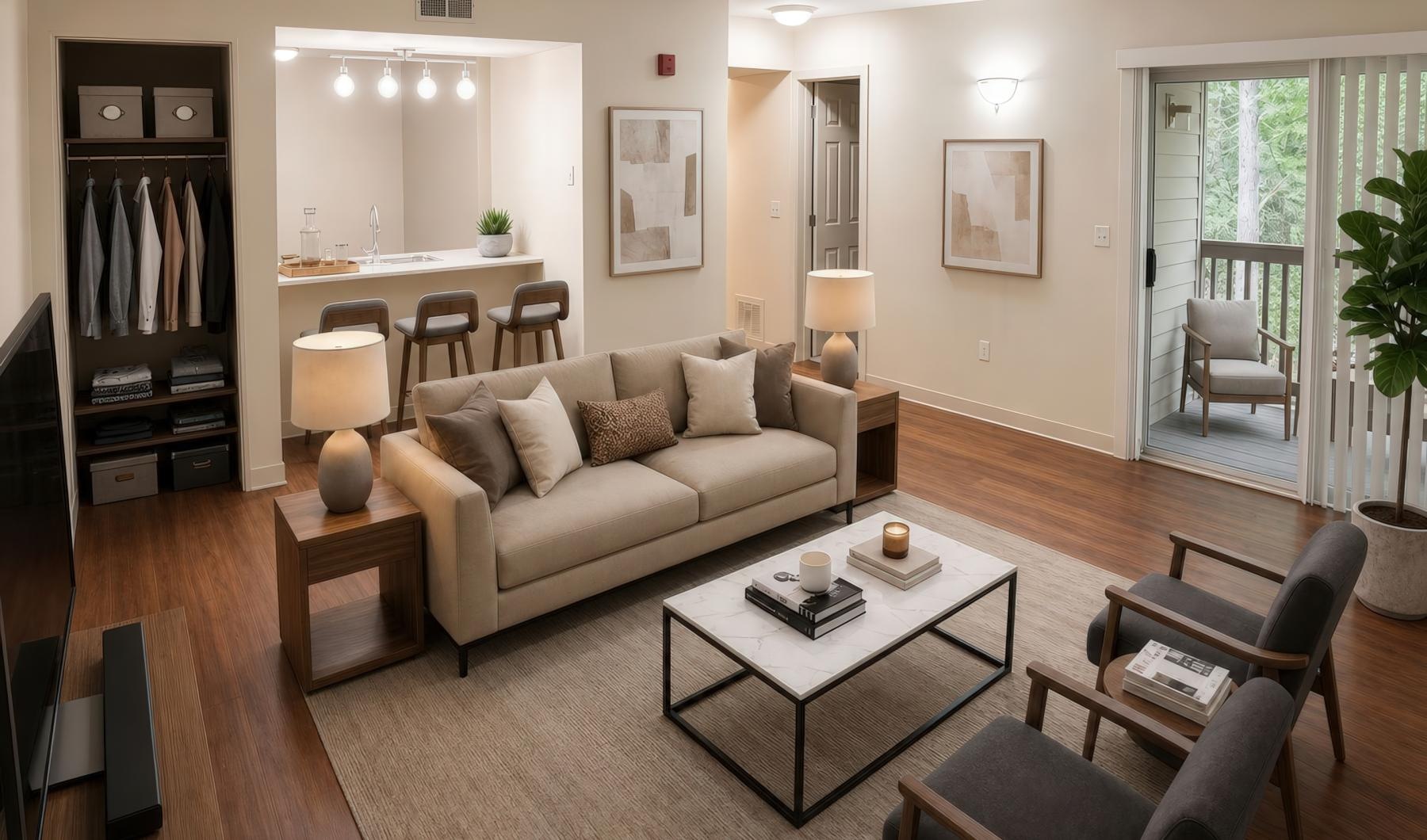 a living room with a couch, tables and chairs