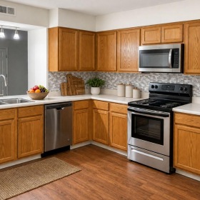 a kitchen with wooden cabinets