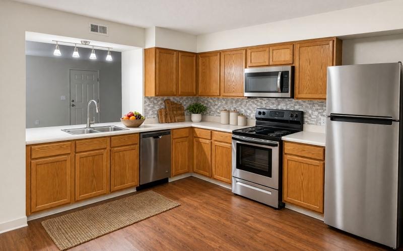 a kitchen with wooden cabinets
